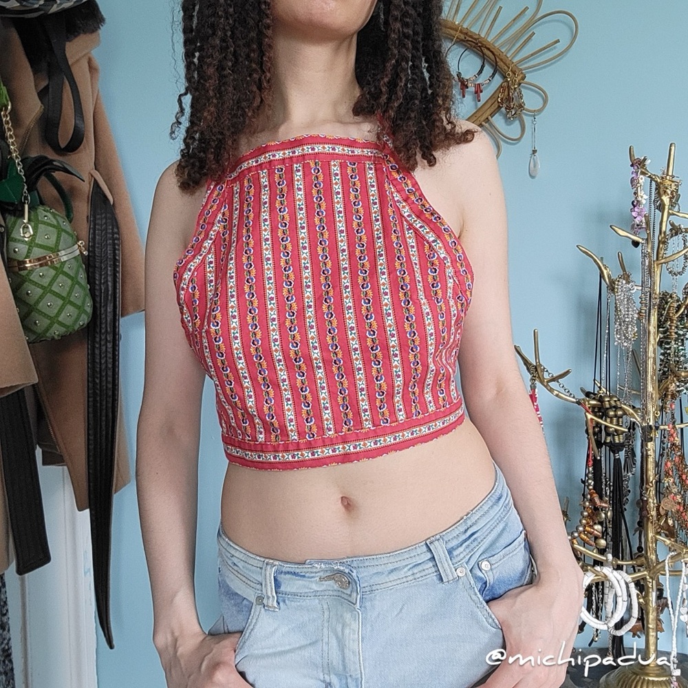 Urban Outfitters Floral Striped Red Halter Crop Top with Criss Cross Back